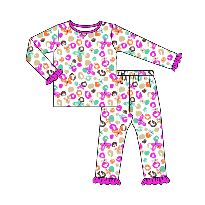 Preorder(moq 5) Baby Girls Purple Leopard Butterfly Top Pants Lounge Wear Pajamas Sets 8.7