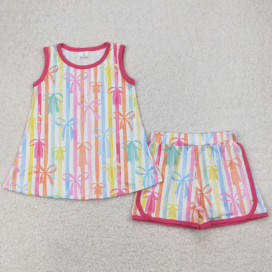 Baby Girls Clothes Colorful Stripe Bows Tunic Tops Shorts Sets GSSO2465
