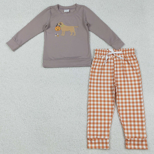 Baby Boys Clothes Halloween Ghost Pumpkins Dog Top Embroidery Plaid Pant Sets BLP1098 9.1