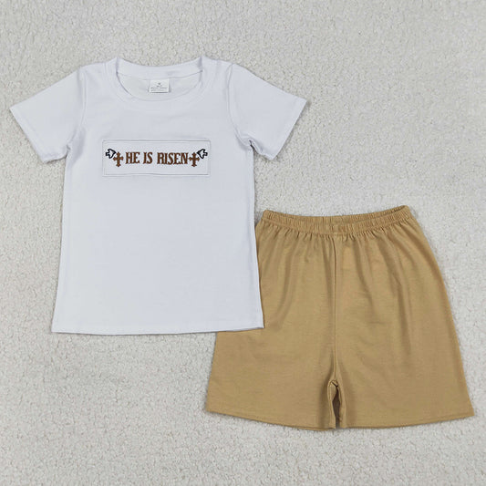 Baby Boys Clothes Embroidery Crosses He is Risen Top Shorts Easter Clothes Sets BSSO1674 12.20
