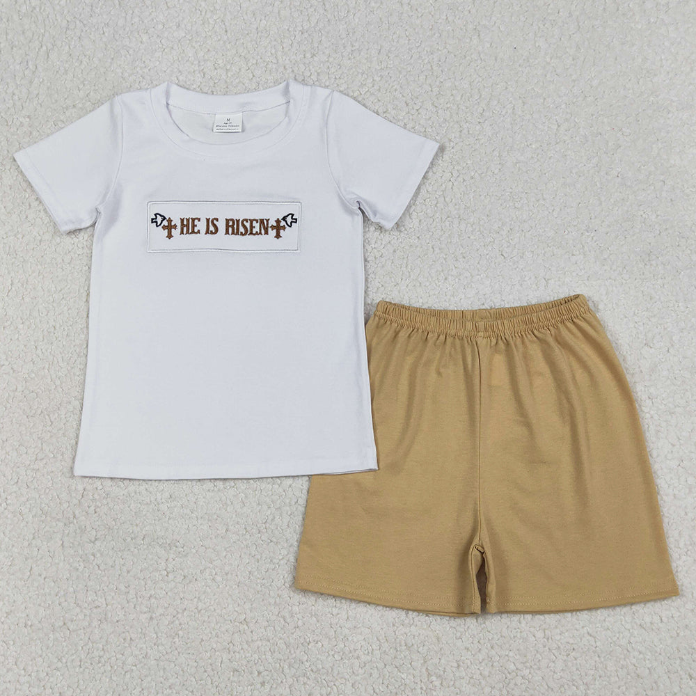 Baby Boys Clothes Embroidery Crosses He is Risen Top Shorts Easter Clothes Sets BSSO1674 12.20