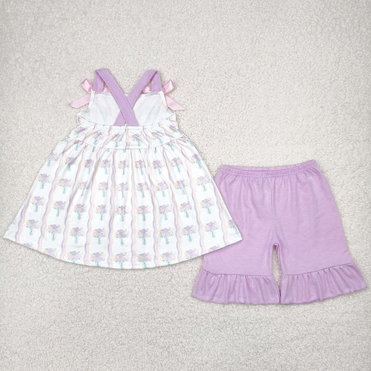 Baby Girls Clothes Lavender Strap Floral Stripe Tunic Tops Ruffle Shorts Sets GSSO2430