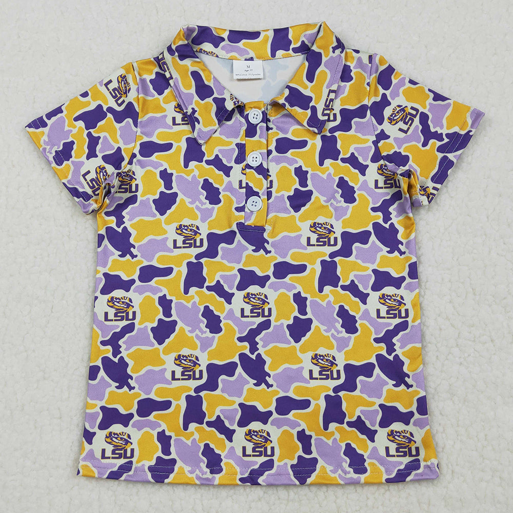 Baby Boys Clothes Purple Yellow Camo LSU Tigers Team Button Polo Shirt Top BT1744
