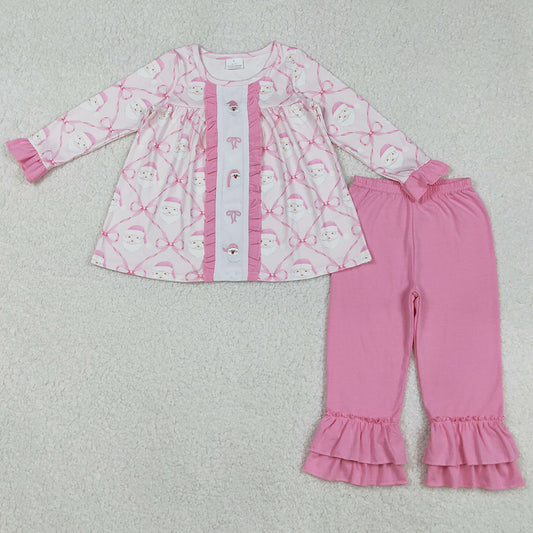 Baby Girls Clothes Christmas Pink Bows Santa Embroidery Tunic Ruffle Pants Sets GLP2364 9.5