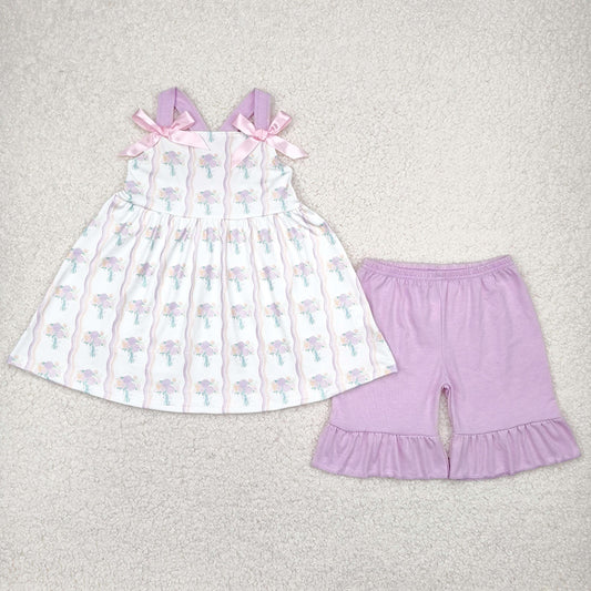Baby Girls Clothes Lavender Strap Floral Stripe Tunic Tops Ruffle Shorts Sets GSSO2430