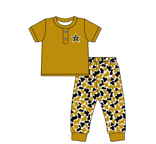 Preorder (moq 5)Baby Boys Gold V Stars Button Top Camo Pants Team Clothes Sets 11.25