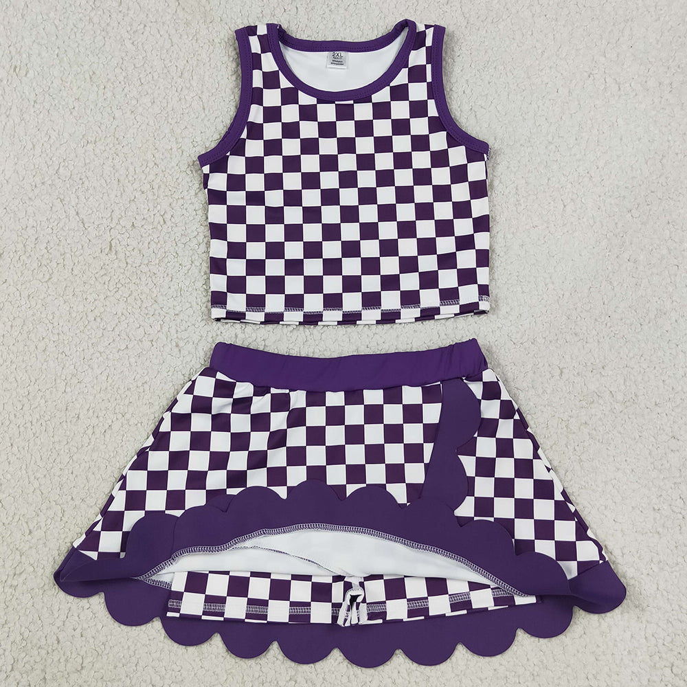 Baby Girls Clothes Purple Checked Vest Scallop Skirt Short Yoga Active Clothes Set GSD4251