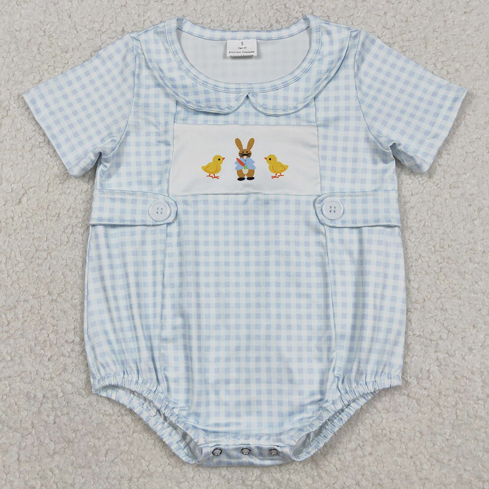 Baby Girls Rompers Blue Checked Rabbits Chicks Easter Collar Rompers SR3566 1.1