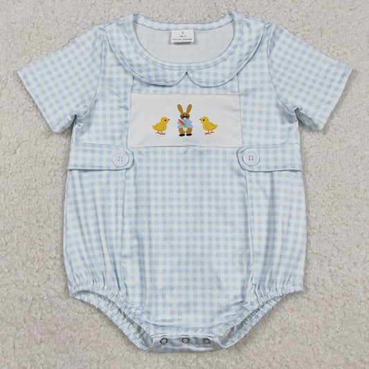 Baby Girls Rompers Blue Checked Rabbits Chicks Easter Collar Rompers SR3566 1.1