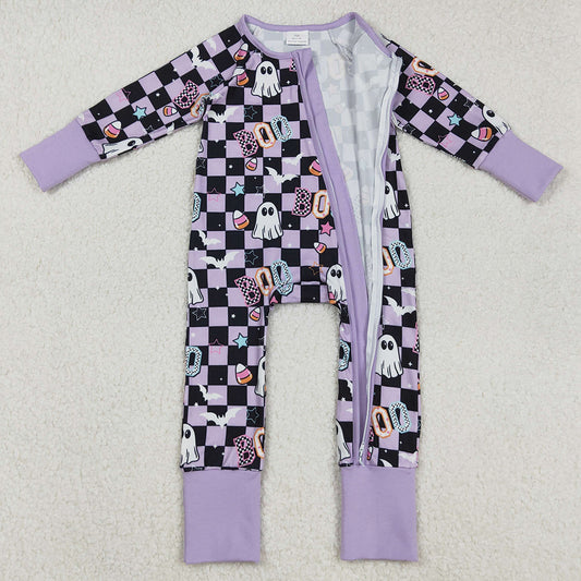 Baby Girls Rompers Black Plaid Ghosts Candy Halloween Zipper Footie Rompers LR2541 9.1