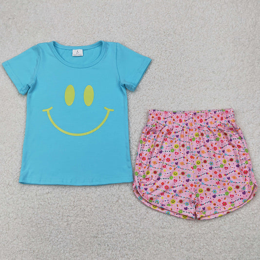 Baby Girls Clothes Blue Short Sleeve Top Pink Floral Shorts Sets GSSO2411