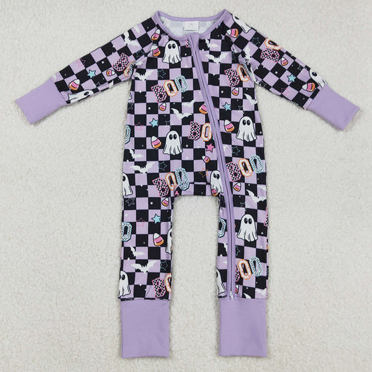 Baby Girls Rompers Black Plaid Ghosts Candy Halloween Zipper Footie Rompers LR2541 9.1