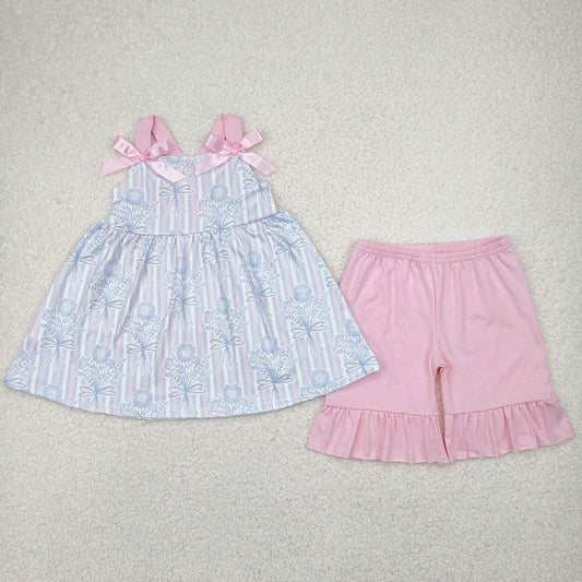 Baby Girls Clothes Pink Strap Floral Stripe Tunic Top Ruffle Shorts Sets GSSO2429