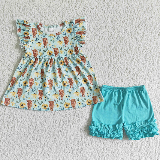 Summer Baby Girl Clothes Cow Print Flower Kids Clothes Girl Short Sleeve Ruffle Shorts Outfits GSSO0106
