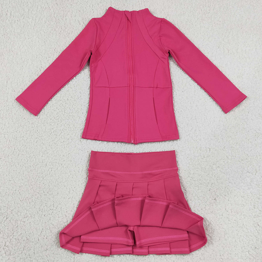 Baby Girls Clothes Hot Pink Zip Jacket Pleated Skirts Shorts Yoga Active Clothes Set GLD1703