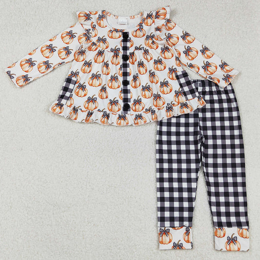Baby Girls Clothes Button Pockets Pumpkins Tunic Black Plaid Pants Fall Sets GLP2692 9.2
