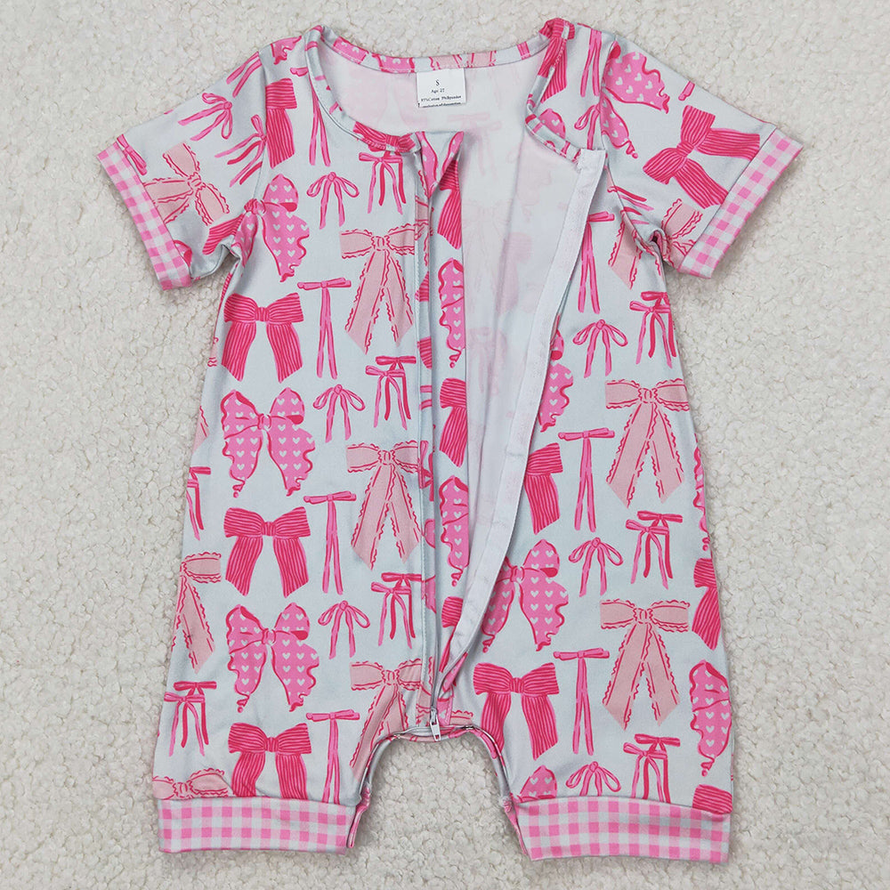 Baby Infant Girls Rompers Pink Bows Zip Short Sleeve Rompers SR2771 3.27