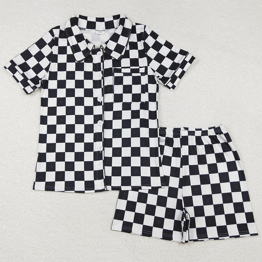 Adult Women Pajamas Black Checkered Buttons Tops Shorts Pajamas GSSO1536