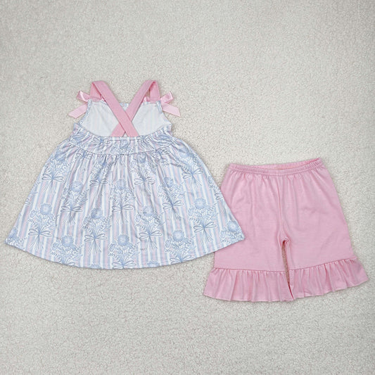 Baby Girls Clothes Pink Strap Floral Stripe Tunic Top Ruffle Shorts Sets GSSO2429