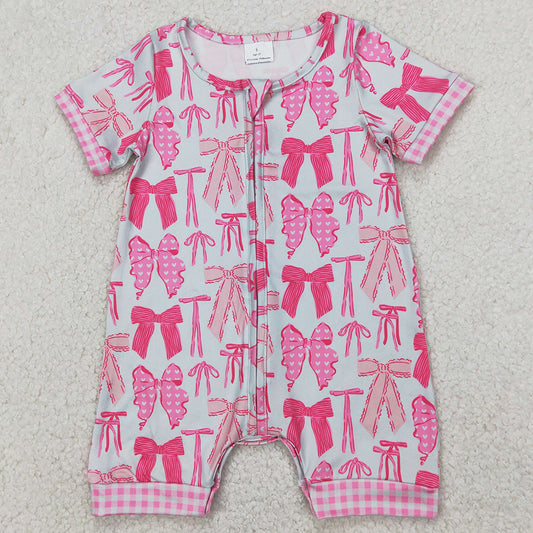 Baby Infant Girls Rompers Pink Bows Zip Short Sleeve Rompers SR2771 3.27