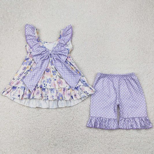 Baby Girls Clothes Lavender Flowers Bow Tunic Tops Ruffle Shorts Sets GSSO2306