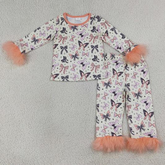 Baby Girls Pajamas Bows Spiders Fur Sleeves Top Pants Halloween Pajamas Sets GLP3386