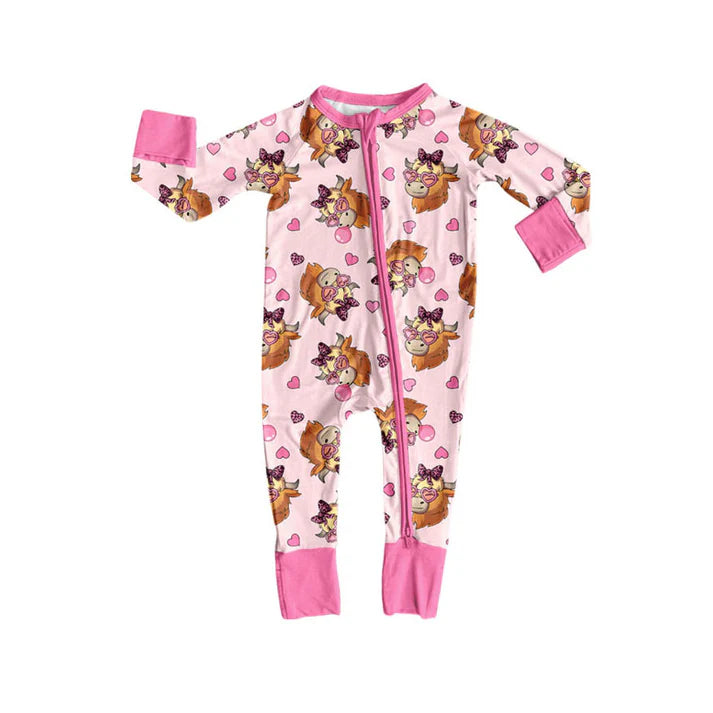 Preorder (moq 8)Baby Girls Pink Hearts Highland Cows Valentine Zipper Footie Rompers 9.25