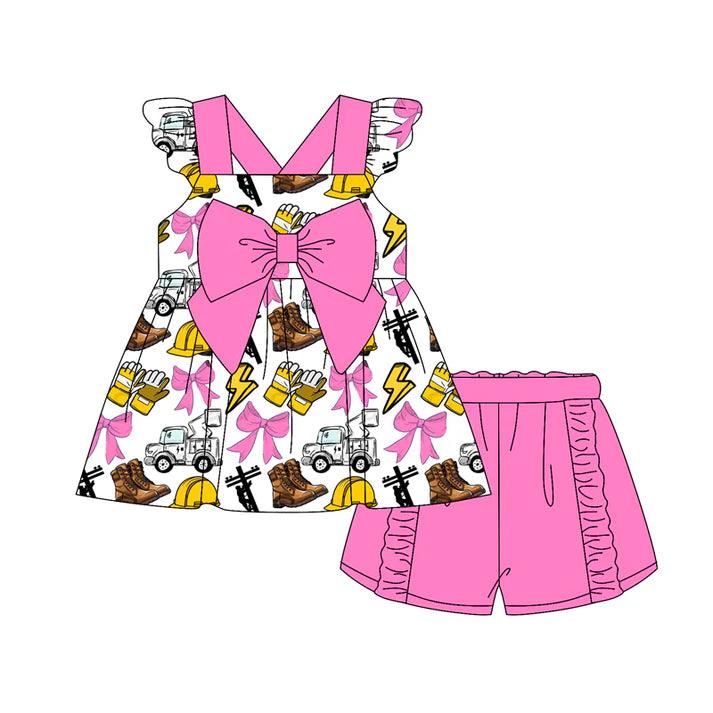 Preorder (moq 5)Baby Girls Hot Pink Flutter Sleeves Line Men Bows Tunic Ruffle Short Set 4.26