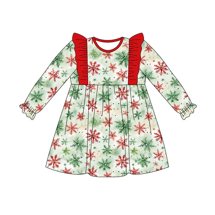 Preorder (moq 5)Baby Girls Long Ruffle Sleeves Green Red Snowflake Plaid Knee Length Dress 7.28