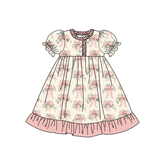Preorder(moq 5) Baby Girls Peach Flowers Bows Button Ruffle Knee Length Dresses 10.18