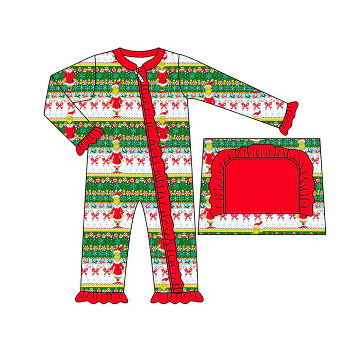 Preorder(moq 5)Baby Girls Long Sleeves Bows Green Faces Stripe Ruffle Zipper Rompers 7.25