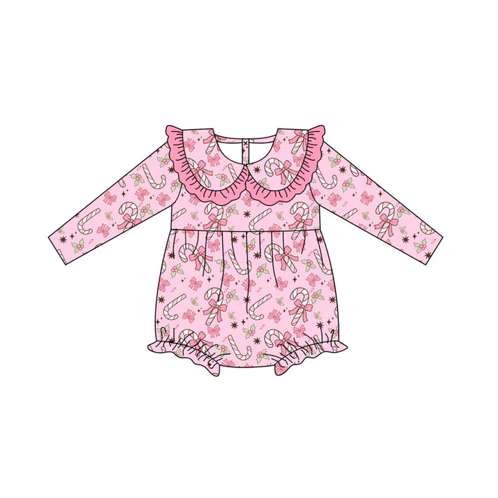 Preorder (moq 5)Baby Girls Long Sleeves Pink Bows Candy Cane Holly Plaid Ruffle Romper 7.4