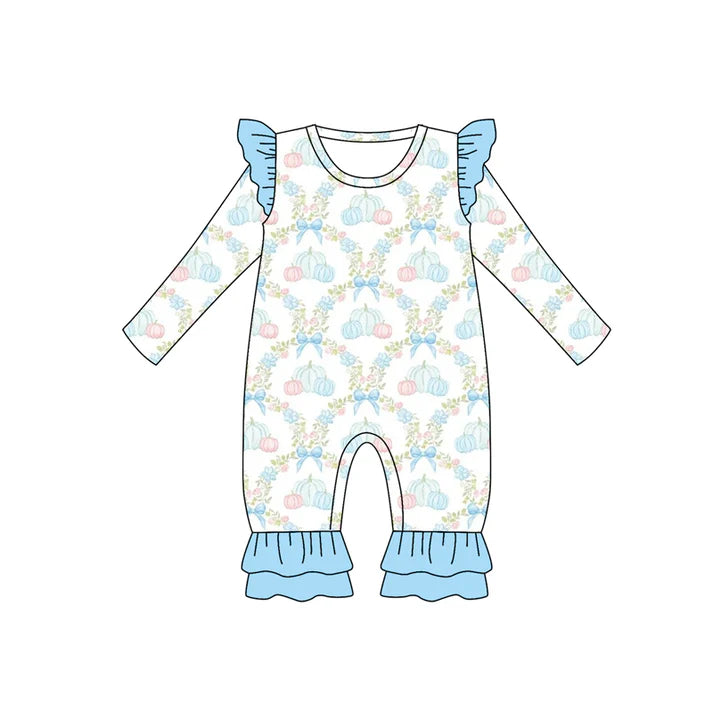 Preorder (moq 5)Baby Girls Long Sleeves Blue Bows Pumpkins Plaid Ruffle Pant Romper 7.4