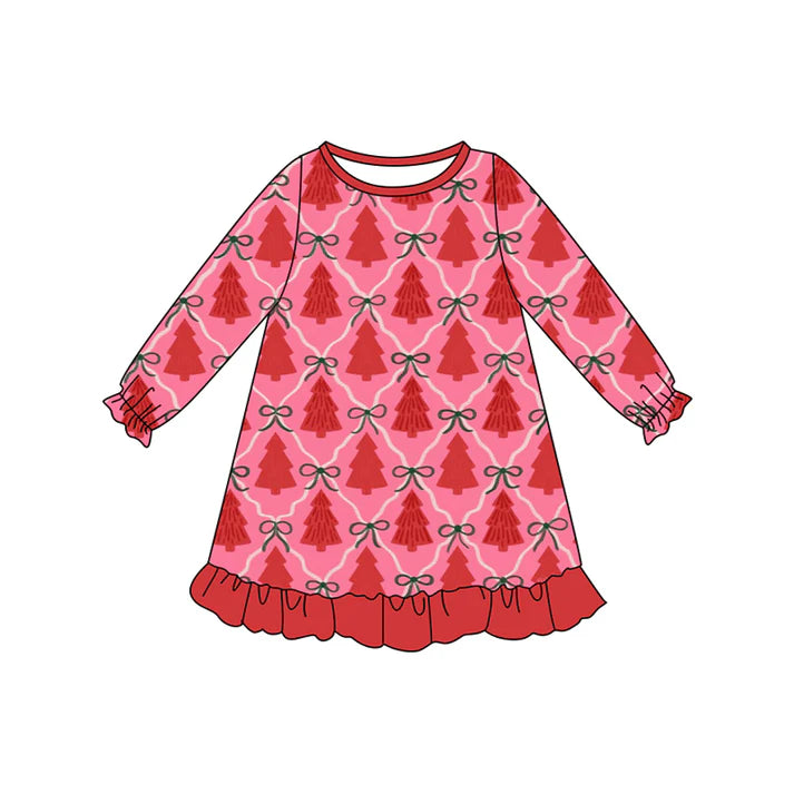Preorder (moq 5)Baby Girls Red Long Ruffle Sleeves Bows Trees Plaid Knee Length Dresses 6.12