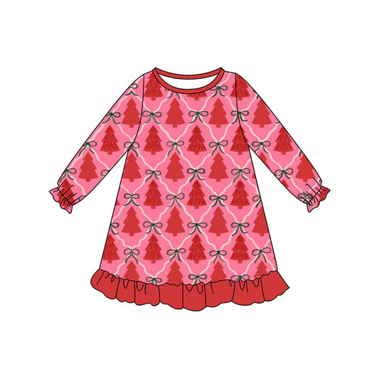 Preorder (moq 5)Baby Girls Red Long Ruffle Sleeves Bows Trees Plaid Knee Length Dresses 6.12