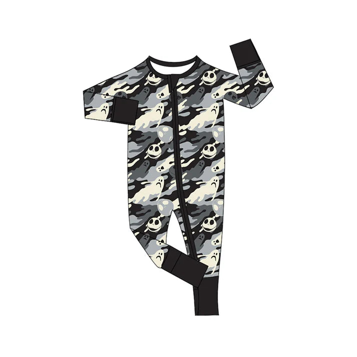 Preorder moq 5 Baby Infant Boys Long Sleeves Black Camo Ghost Skulls Plaid Zipper Romper 7.14