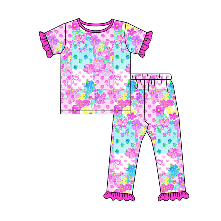 Preorder (moq 5)Baby Girls Hearts Flowers Checked Top Ruffle Pants Valentines Pajamas Sets 12.2