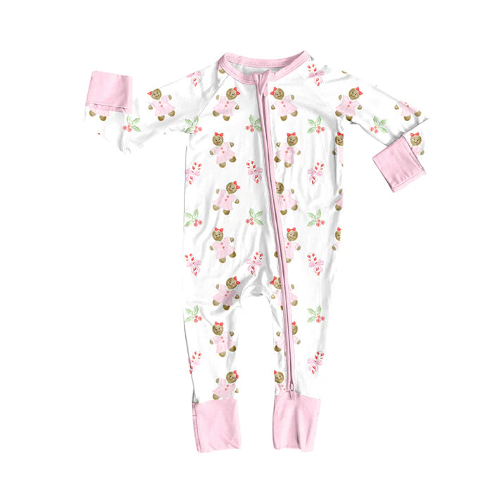 Preorder(moq 5)Baby Infant Girls Long Sleeves Candy Cane Gingerbread Christmas Zipper Rompers 7.31