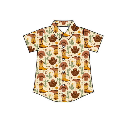 Preorder(moq 5) Baby Boys Short Sleeve Cactus Boot Western Button Shirts Top 10.31