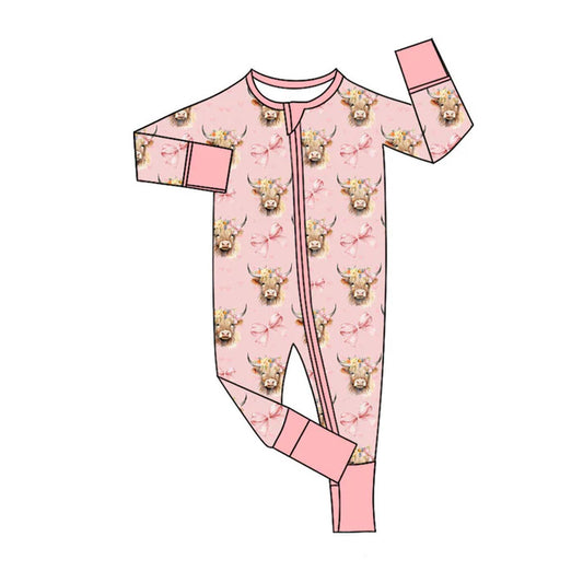 Preorder (moq 5)Baby Girls Pink Bows Highland Cows Western Two Way Zip Convertible Rompers 11.19