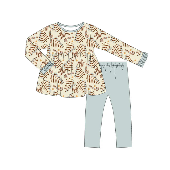 Preorder (moq 5)Baby Girls Long Ruffle Sleeves Bows Trees Tunic Blue Legging Pant Sets 6.21