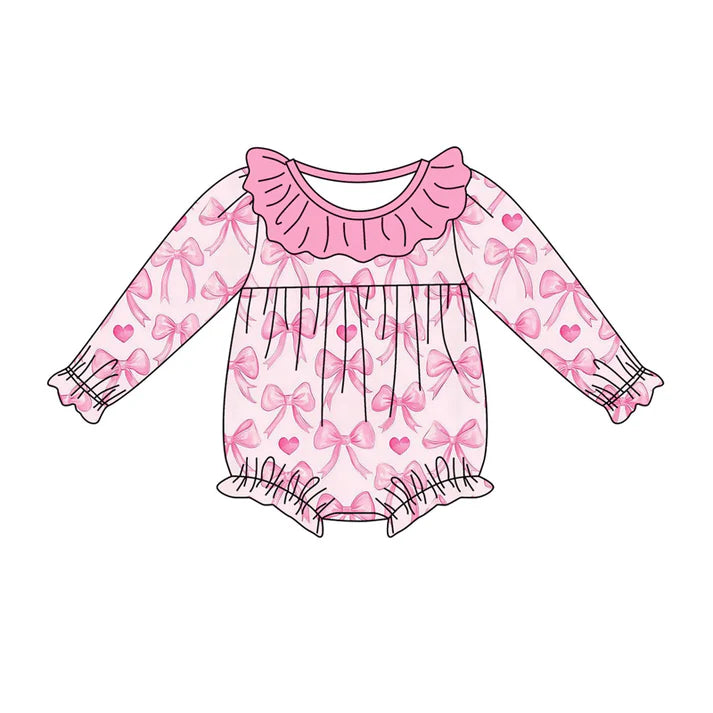 Preorder (moq 5)Baby Girls Pink Hearts Bows Valentine Ruffle Rompers 9.4