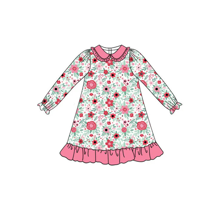 Preorder (moq 8)Baby Girls Long Sleeve Pink Flowers Ruffle Knee Length Dresses 9.12