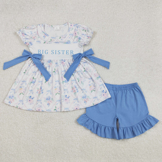 Baby Girls Clothes Blue Flowers Big Sister Tunic Ruffle Shorts Clothes Sets GSSO1875 3.1