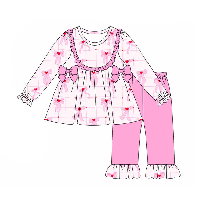 Preorder (moq 5)Baby Girls Long Sleeves Pink Bows Hearts Plaid Tunic Ruffle Pants Set 7.29