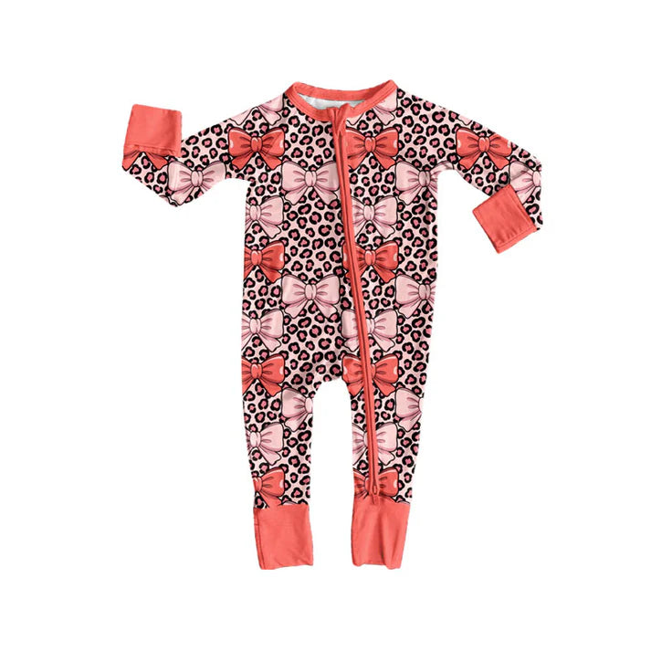 Preorder (moq 5)Baby Boys Peach Leopard Bows Zipper Footie Rompers 9.4