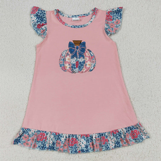 Baby Girls Dress Pink Flutter Sleeves Floral Pumpkin Ruffle Knee Length Dresses GSD2585 6.26