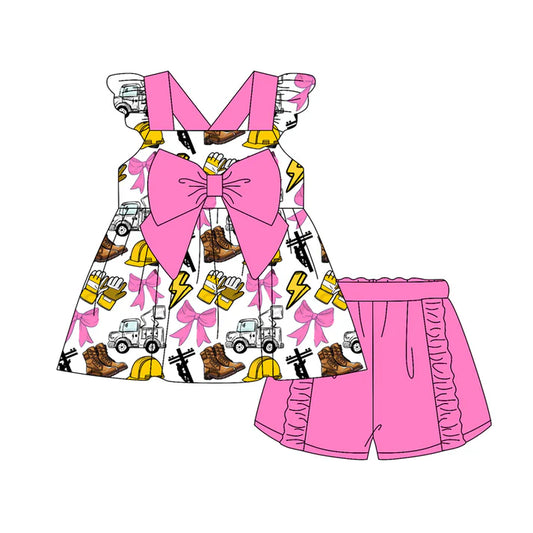 Preorder (moq 5)Baby Girls Hot Pink Flutter Sleeves Line Men Bows Tunic Ruffle Short Set 5.13