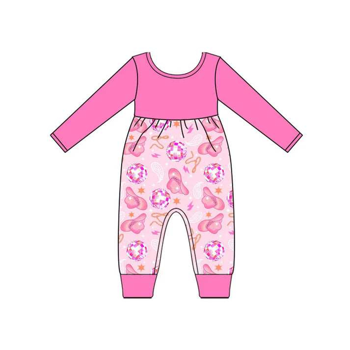 Preorder (moq 8)Baby Girls Pink Long Sleeve Hats Stars Western Footie Rompers 9.11