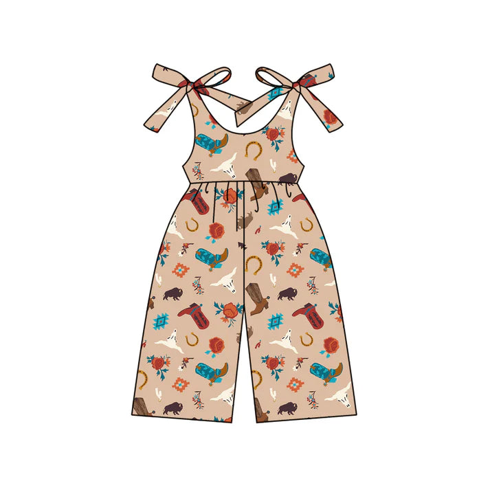 Preorder (moq 5)Baby Girls Khaki Strap Boots Bull Skull Jumpsuits 4.24